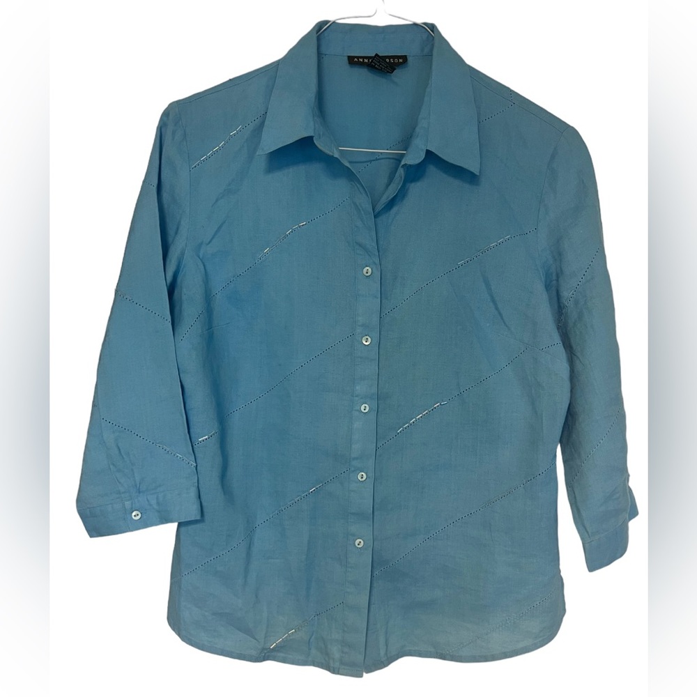 Anne Carson 100% Linen Aqua Blue Button Down 3/4 Sleeve Embellished size M - Picture 13 of 13
